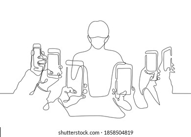 man in a mask is surrounded by people who are filming him. one line drawing social transparency concept, internet surveillance, social media harassment, public person life