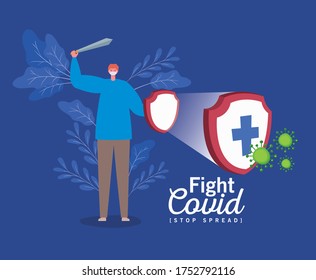 Man with mask sword and shield with cross design of Fight covid 19 virus and stop spread theme Vector illustration