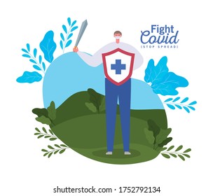 Man with mask sword and shield with cross design of Fight covid 19 virus and stop spread theme Vector illustration