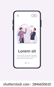 Man in Maske spricht mit einem Typen ohne Maske. Diskussion, Sprachblase, Virus-Flavectorgrafik. Pandemie- und Schutzkonzept für Banner, Website-Design oder Landing-Webseite