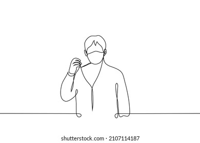 Man In Mask Took Off One Of Headphones To Listen To Noise Or Conversation - One Line Drawing Vector. Concept Of Interrupting Listening To Music, Being Distracted 