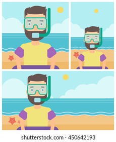 Man in mask, tube and rubber ring standing on the background of beach and sea. Man wearing snorkeling equipment on the beach. Vector flat design illustration. Square, horizontal, vertical layouts.
