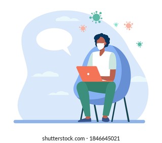 Man in mask using laptop for online chat with doctor. Video call, medical consultation flat vector illustration. Covid, epidemic, help concept for banner, website design or landing web page