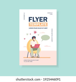 Man in mask using laptop for online chat with doctor. Video call, medical consultation flat vector illustration. Covid, epidemic, help concept for banner, website design or landing web page