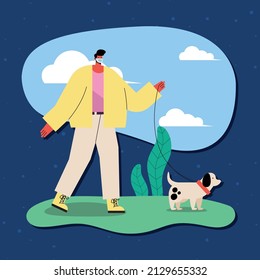 Man with mask walking dog