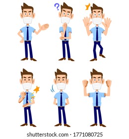 A man in a mask wearing a short-sleeved shirt and tie 6 different gestures and expressions