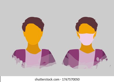 man in a mask and without a mask, comparison. Wearing a medical mask in public places. A new norm of behavior in an era of overpopulation and pandemics.