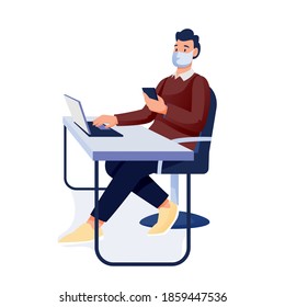 Man in mask working in office at desk with laptop and phone. Workplace in coronavirus pandemic vector illustration. Young guy sitting at table with laptop holding smartphone on white background.