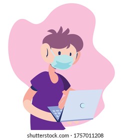 man with mask working on the computer vector illustration design