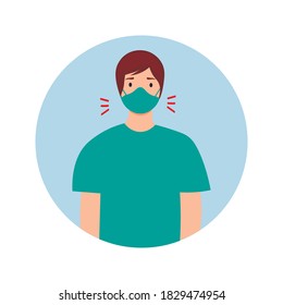 Man with mask.Symptom Coronavirus COVID-19. Icon  dry cough. Vector illustration