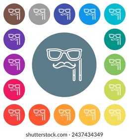 Man masquerade mask with stick outline flat white icons on round color backgrounds. 17 background color variations are included.