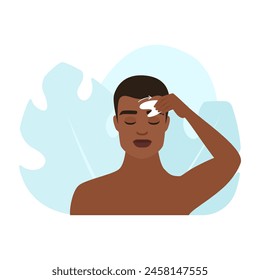 Man massaging forehead in sideways direction using jade gua sha vector illustration