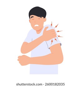 Man massaging his arm and suffering from shoulder pain. muscle inflammation back. vector illustration 