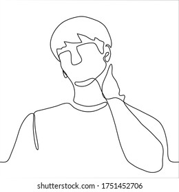 man is massaging his neck. One continuous line art man kneads his neck from a long job at a computer, a symptom of cervical osteochondrosis, charging for the head, self-massage, professional injury