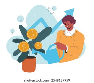Homem com crescimento material. Um cara dá água a uma árvore com moedas de ouro. Literacia financeira e rendimento passivo. Investir e negociar. Investidor e empresário. Ilustração de vetor plano isolada no plano de fundo branco