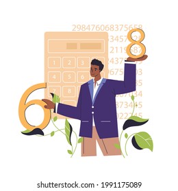 Man with mathematical thinking or accountant working with numbers. Different mental mindset types, mathematic, technical thinking. Mind behaviour, psychological concept. Flat vector illustration.