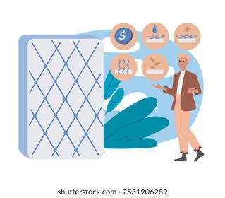 Man with mattress infographics. Man near structure of an orthopedic mattress. Comfort and coziness in apartment, care for health. Flat vector illustration isolated on white background