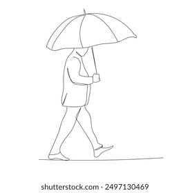 Man mature alone umbrella outside walking away cold rain snow cold weather life one line art design Side view. Raining weather. 