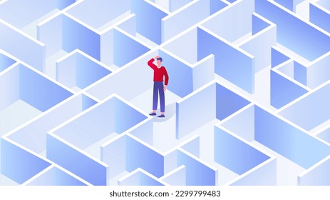 Man in maze concept. Young guy trying to solve problem or puzzle, riddle. Businessman standing at labyrinth and thinking of finding way out. Cartoon isometric vector illustration