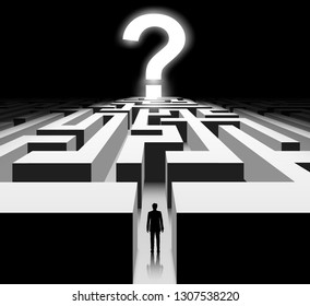 Man in the maze. Question mark in the labyrinth exit. Vector illustration.