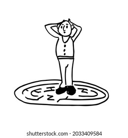 The man in the maze. Unsolvable problems. A hand-drawn character. Sketch. Vector doodle illustration