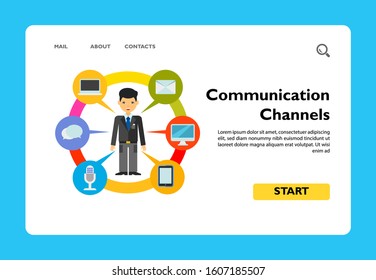 Man and means of communication. Gadget, chat, message. Communication channels concept. Can be used for topics like communication, technology, marketing.