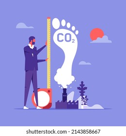 Man measure huge foot, carbon footprint pollution, co2 emission environmental impact concept, dangerous dioxide effect on planet ecosystem, vector illustration