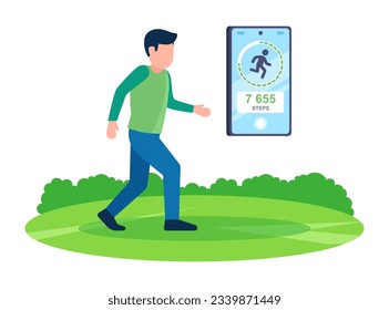 man measure steps on the phone. flat vector illustration.