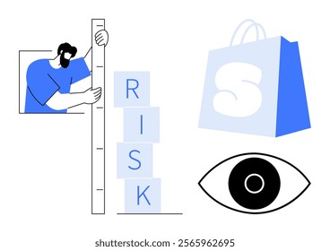 A man measures blocks forming the word risk, a shopping bag with the letter S, and a large eye graphic. Ideal for business analysis, risk assessment, e-commerce, security, and monitoring themes