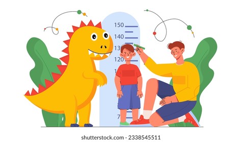 El hombre mide la altura del concepto de niño. Gran centímetro en la pared en habitación infantil con dinosaurio. El padre mide el proceso de crecimiento y crecimiento del niño. Dibujo vectorial plano de dibujos animados