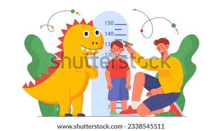 Man measures height of child concept. Large centimeter on wall in childrens room with dinosaur. Father measures process of growing up and growth of boy. Cartoon flat vector illustration Foto stock © 