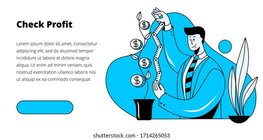 Un hombre mide la altura del árbol del dinero con un gobernante. Plantilla para un banner horizontal.