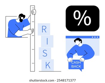 Un hombre mide el riesgo con Regla y bloquea el riesgo de ortografía mientras otro hombre sostiene un letrero de devolución de dinero en efectivo. Símbolo de porcentaje en caja negra. Ideal para negocios, finanzas, gestión de riesgos, inversiones