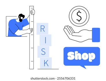 Man measuring blocks labeled RISK with a tall ruler, along with a hand holding a dollar sign and a Shop symbol. Ideal for financial management, business risk assessment, e-commerce, investment