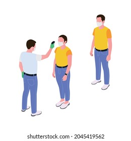 Man measuring body temperature with electronic infrared thermometer isometric icon 3d vector illustration