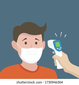 Man Measuring Body Temperature And Wearing A Face Mask. Temperature Check Vector