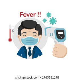 Man measuring body temperature and wearing a face mask vector illustration.

