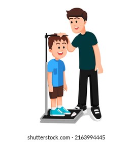 a man is measuring a boy's height