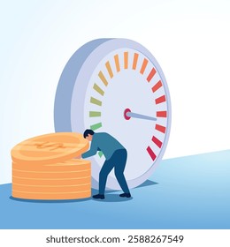 A man measuring money indicating a warning. Illustration for financial management, financial planning and arrangement.