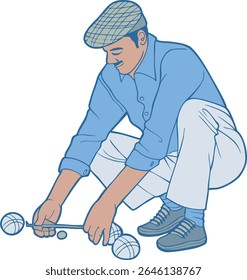 Man Measuring Petanque Balls – Vintage Comic Style French Boules Game Illustration