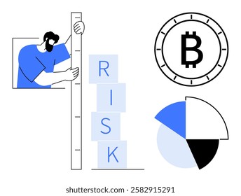 Man measuring risk levels with a ruler and blocks labeled RISK, Bitcoin symbol, and pie chart in blue, black, and white. Ideal for financial analysis, risk management, cryptocurrency, data