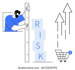 Hombre midiendo bloques apilados etiquetados como RIESGO junto al Carrito de compras y flechas ascendentes. Ideal para análisis de negocio, gestión de riesgos, comercio electrónico, toma de decisiones, estrategias de crecimiento, pronóstico financiero