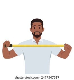 Man with measuring tape offers to find out exact size. Flat vector illustration isolated on white background