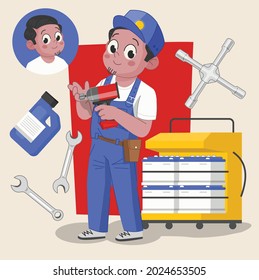 asistente mecánico de hombre lindo personaje 2d listo para la animación con herramientas de trabajo