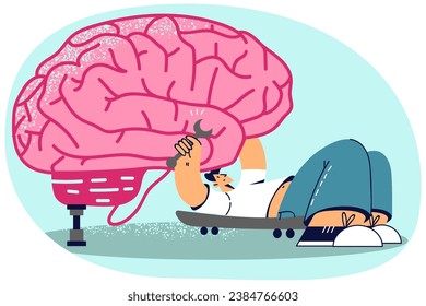 Der Mensch, der das Gehirn mit Instrumenten fixiert. Das Konzept des männlichen Psychologen reparieren den Geist der Patienten, geben Sie Hilfe. Psychische Probleme lösen und erholen. Vektorgrafik.