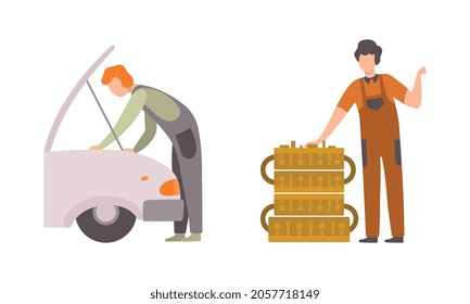 Man Mechanic in Overall Maintaining and Repairing Machinery Vector Set