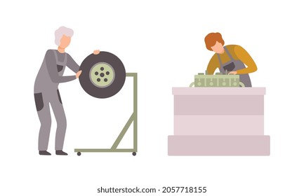 Man Mechanic in Overall Maintaining and Repairing Machinery Vector Set