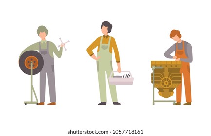 Man Mechanic in Overall Maintaining and Repairing Machinery Vector Set