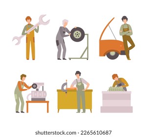 Man Mechanic in Overall Maintaining and Repairing Machinery Vector Set