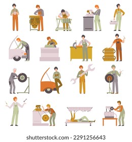 Man Mechanic in Overall Maintaining and Repairing Machinery Big Vector Set